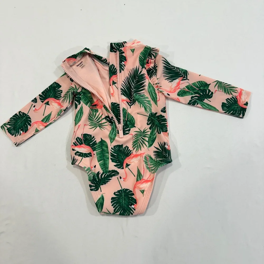 Old Navy Flamingo Rash Guard Swimsuit Baby Girl 6-12M Peach Ruffle | Tropical